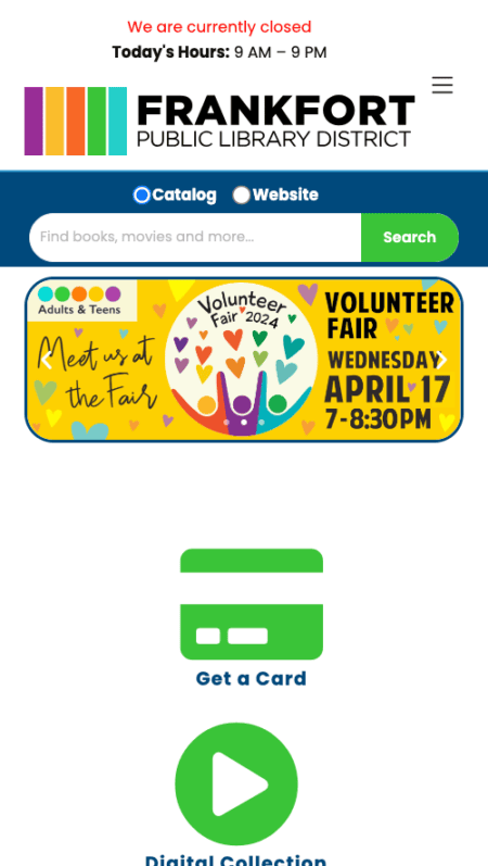 Screenshot of the frankfort public library district website homepage, featuring navigation menus, event updates, and contact information.