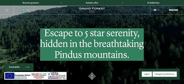 Website homepage for grand forest hotel featuring a headline about 5-star serenity in the pindus mountains, overlaid on a forest background, with top navigation and cookie consent banner.