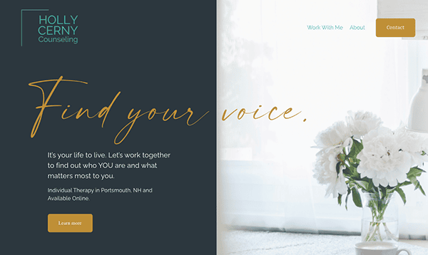 Website homepage for holly cerny counseling featuring a serene office scene with text "find your voice" and links to services and contact information.