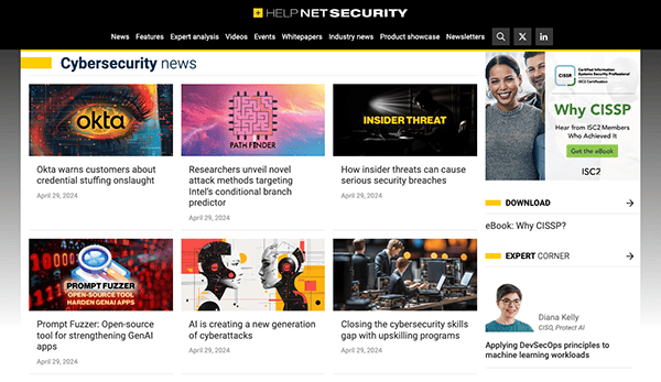 Homepage of a cybersecurity news website displaying various articles, headlines, and images related to technology and security updates.