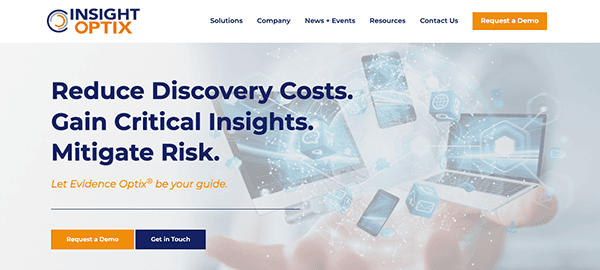 Webpage banner for insight optix featuring a digital interface with security icons and the text "reduce discovery costs. gain critical insights. let evidence optix® be your guide.