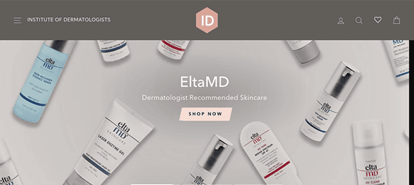 Website banner for the institute of dermatologists featuring eltamd skincare products laid out neatly with a "shop now" button.