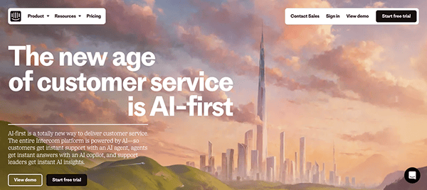 Website homepage banner showcasing a futuristic cityscape with a prominent skyscraper, highlighting ai customer service solutions with navigation tabs and demo buttons.