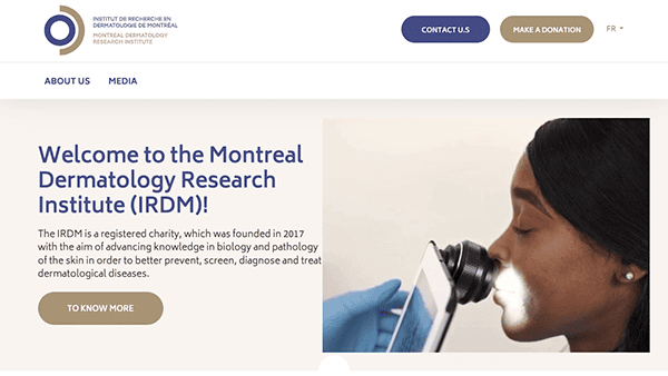 A website homepage for the montreal dermatology institute featuring a banner with text and a side image of a woman examining skin with a magnifying glass.