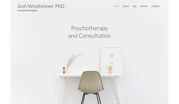 A minimalistic therapist's office with a plain white wall featuring a desk, a chair, and decorative items, under a sign that reads "josh westheimer, phd, psychotherapy and consultation.