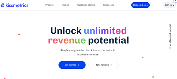 Homepage of kissmetrics website displaying text "unlock unlimited revenue potential" with options to "get started" or "talk to sales.