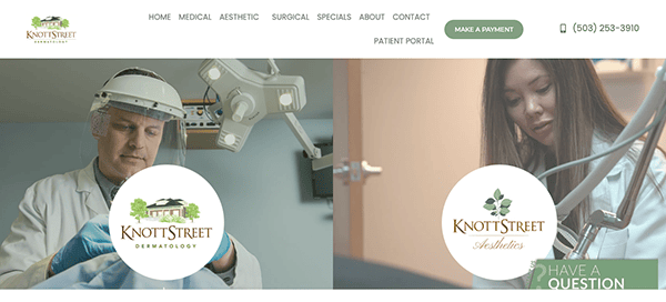 A split-screen image of a dermatology clinic website; the left side shows a male doctor examining skin with a magnifier, and the right side shows a female examining skincare products.
