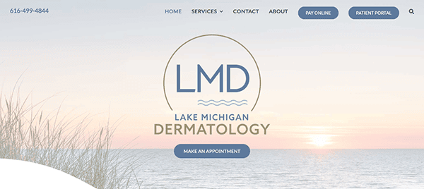Website header for lake michigan dermatology featuring contact information, navigation menu, and a serene lakeside sunset background.