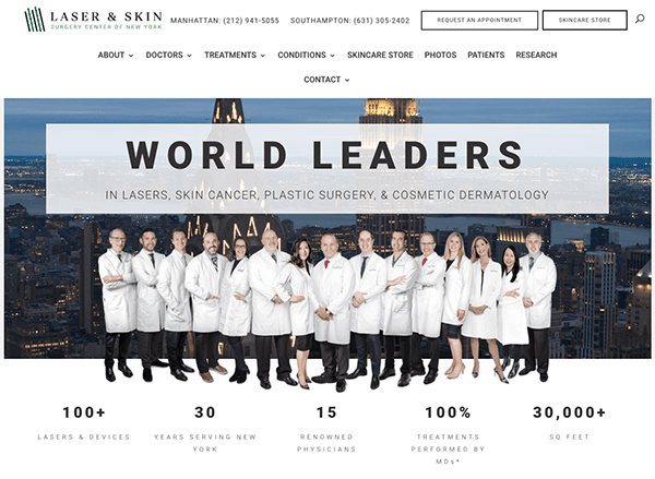 Website homepage for a dermatology clinic featuring a banner image of a diverse group of medical staff standing together in professional attire, with the new york skyline in the background.