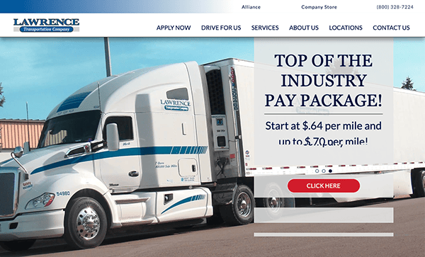 A screenshot of lawrence transportation company's website, featuring a white semi-truck with company logo and an ad for their pay packages.