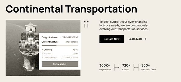 A promotional website banner titled "continental transportation" featuring an image of a cargo ship, alongside icons for achievements and statistics including clients and team size.