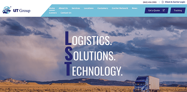 A website banner for lst group, featuring the words "logistics. solutions. technology." and an image of a truck driving through a scenic, open landscape under a stormy sky.