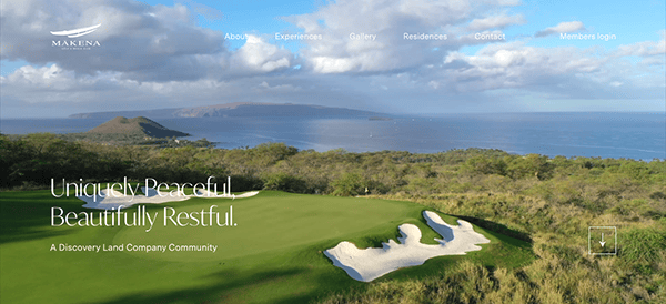 Aerial view of a coastal golf course with lush greenery, sand bunkers, and a distant island under a clear blue sky, overlaid with text "uniquely peaceful, beautifully restful.