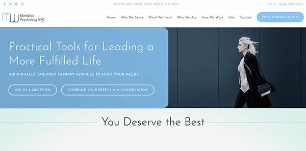 A promotional website banner for mindwell psychology nyc featuring a woman walking confidently past a blue wall with text offering tailored therapy services and a free consultation.