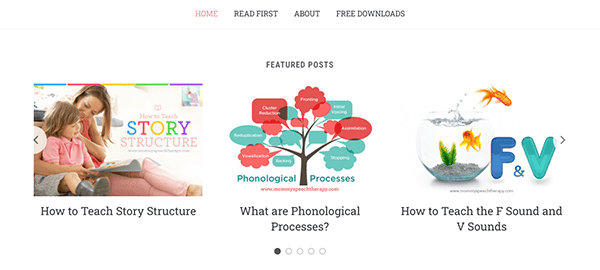 A website home page displaying banners for educational content on story structure and phonological processes, with additional featured posts on speech sounds.