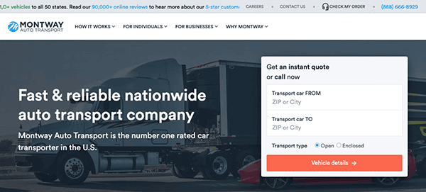 Website homepage for montway auto transport featuring a header with a large image of a transport truck on a highway, alongside text advertising reliable nationwide car shipping services.