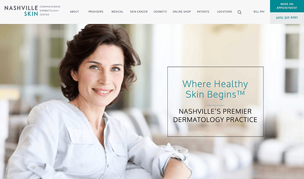 Website homepage for nashville skin dermatology practice featuring a smiling woman and an overlaid text box advertising the clinic's services.