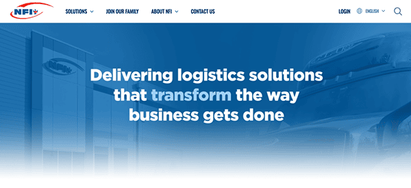 Website homepage banner for a logistics company, featuring a slogan "delivering logistics solutions that transform the way business gets done" with an image of a van.
