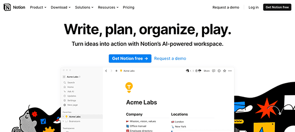 Screenshot of the notion website homepage showcasing its ai-powered workspace features, with menu options and an example workspace displayed.
