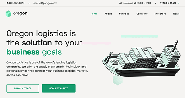 Website homepage for oregon logistics, featuring a graphic of a ship carrying containers, navigation menu, and contact information.