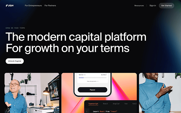 Website homepage of a modern capital platform featuring a large heading, images of professionals, and interface screenshots.