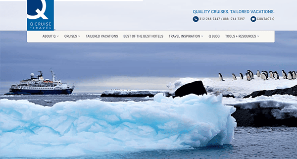 Cruise ship near an ice floe with a group of penguins, under a cloudy sky, viewed from a travel agency website page.