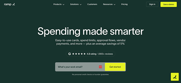 Website homepage displaying the slogan "spending made smarter" with an email sign-up form and a high customer rating.
