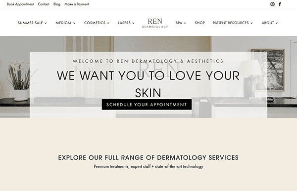 Website homepage of ren dermatology & aesthetics featuring a welcoming message, navigation menu, and a "schedule your appointment" button.