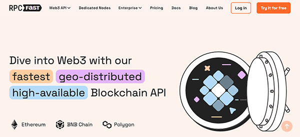 Web page header from rpc fast showing text "dive into web3 with our fastest geo-distributed high-available blockchain api" and stylized blockchain network icon.