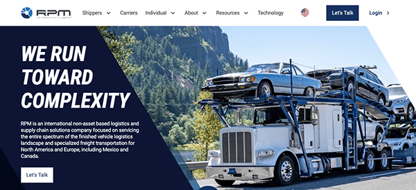 Car transporter truck carrying multiple cars driving on a highway, with the logo and navigation bar of rpm company displayed on a website header.