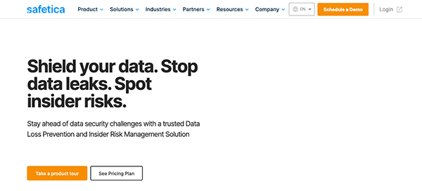 Webpage screenshot of safetica featuring text "shield your data. stop insider risks." with options to take a product tour or see pricing plans.