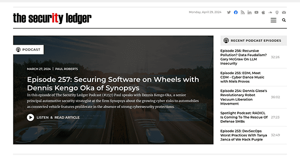 Website header for "the security ledger" featuring a podcast episode titled "securing software on wheels," with a discussion description and related podcast list on the right.