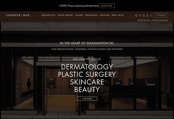 Website homepage for a dermatology clinic featuring a sleek, modern design with a navigation bar, promotional text about plastic surgery and skincare, and a central image of clinic's interior.