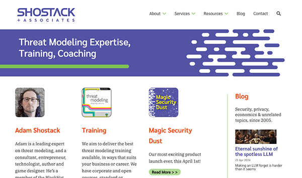 Website homepage of shostack & associates offering threat modeling services, featuring sections on training, magic security, and a blog, with a professional blue and purple color scheme.