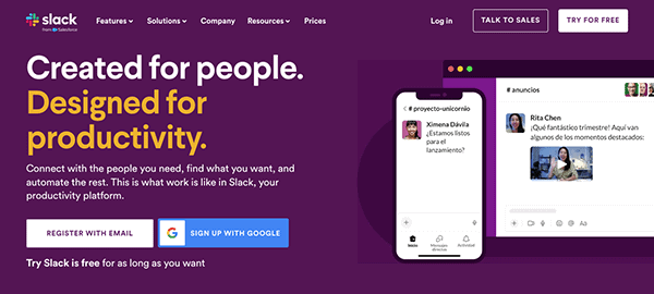 Website landing page for slack featuring a tagline "created for people. designed for productivity," with signup options and mobile interface examples.