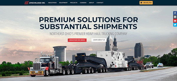 Website banner of speranzo co. featuring a large black heavy haul truck on a road, with text advertising premium solutions for substantial shipments in northeast ohio.