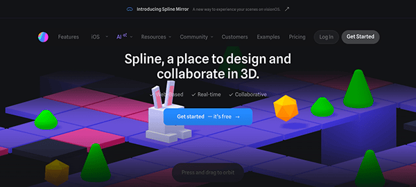 Website homepage for splinemirror, featuring a 3d geometric design interface with navigation options and a "get started" button.
