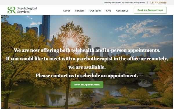 Website homepage of psychological services featuring a serene park with a city backdrop, promoting both in-person and remote therapy sessions.