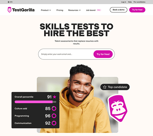 A screenshot of the "testgorilla" website showing a smiling young man, stats for a top candidate, and links to various company resources and services.