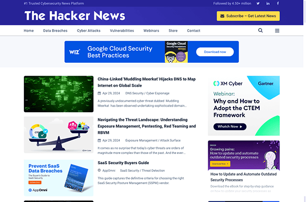 Screenshot of a cybersecurity news website homepage featuring various articles on data breaches, market hijacks, and security frameworks, with a blue and purple color scheme.