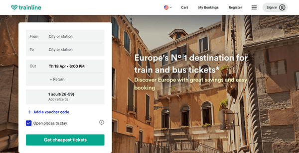 Screenshot of the trainline website homepage featuring a booking interface with a backdrop of a european street.