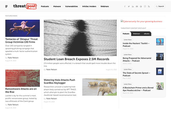 Screenshot of the threatpost website homepage displaying various cybersecurity news articles.