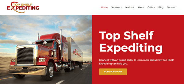 Red semi-truck from "top shelf expediting" driving on a highway, with company's website interface showing services and contact information.
