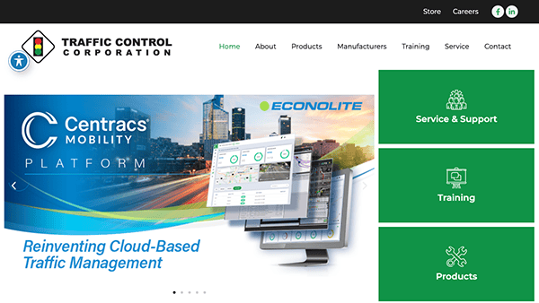 Website homepage of traffic control corporation featuring a banner for centracs mobility platform and navigational tabs like home, about, products, store, and careers.