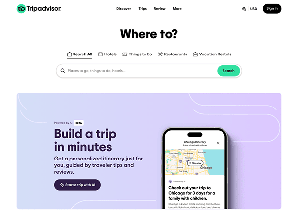 Screenshot of the tripadvisor homepage featuring a search bar and an illustration of a mobile phone displaying a map of chicago.
