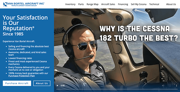 A pilot wearing a headset sits in the cockpit of a cessna 182 turbo, with a promotional banner asking "why is the cessna 182 turbo the best?" displayed across the top.