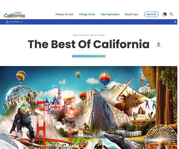Website header for "the best of california" featuring colorful, whimsical graphics of landmarks and hot-air balloons, with navigation tabs on top.