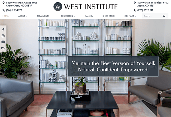 Interior of west institute with product shelves and motivational slogan "maintain the best version of yourself. natural. confident. empowered." displayed.
