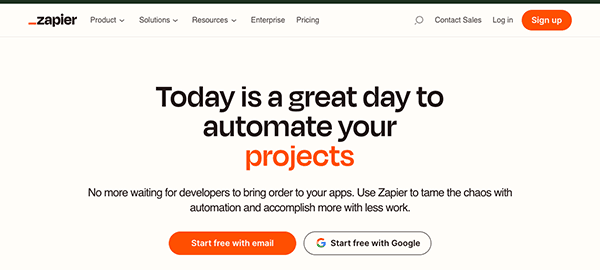 Zapier website homepage featuring a headline "today is a great day to automate your projects" with options to start free with email or google.