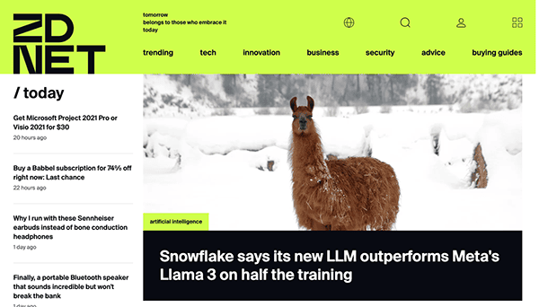 Website homepage of zdnet displaying news headlines with a background image of a llama in a snowy landscape.